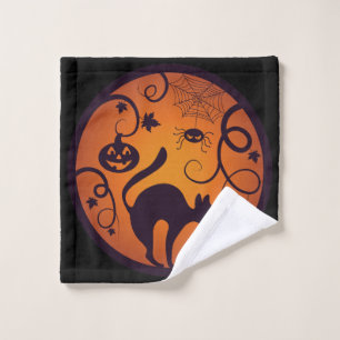 Happy Halloween lantern black cat spiders and bats Wash Cloth