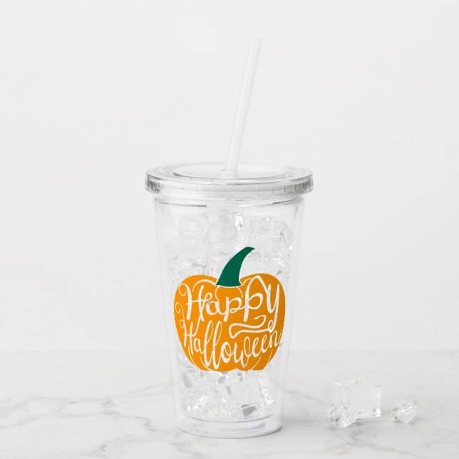 Happy Halloween lettering on carved pumpkin Acrylic Tumbler (Back Ice)
