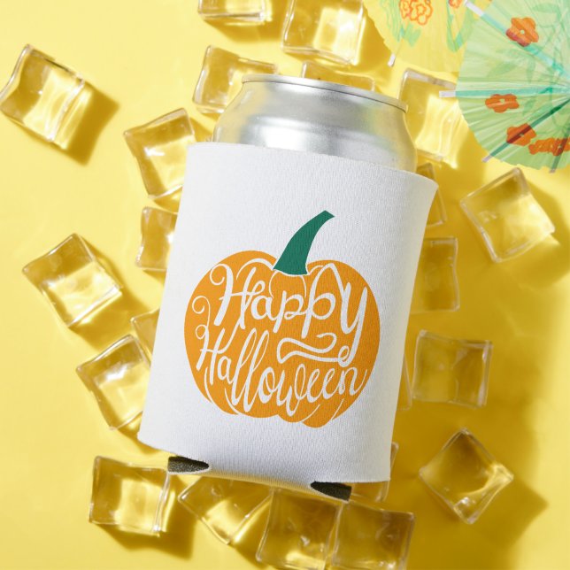 Happy Halloween lettering on carved pumpkin Can Cooler (In Situ Summer)