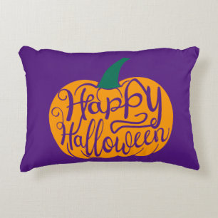 Happy Halloween lettering on carved pumpkin Decorative Cushion