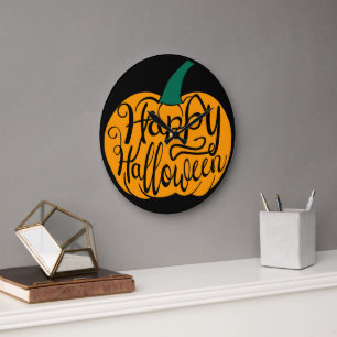 Happy Halloween lettering on carved pumpkin Large Clock