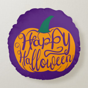 Happy Halloween lettering on carved pumpkin Round Cushion