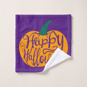 Happy Halloween lettering on carved pumpkin Wash Cloth