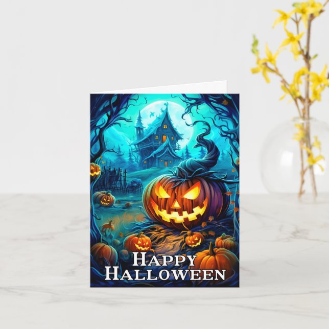 Happy Halloween Mischievous Glowing Pumpkins Card (Yellow Flower)