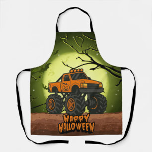 Happy Halloween Monster Truck with bats and moon Apron