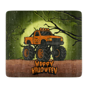 Happy Halloween Monster Truck with bats and moon Cutting Board
