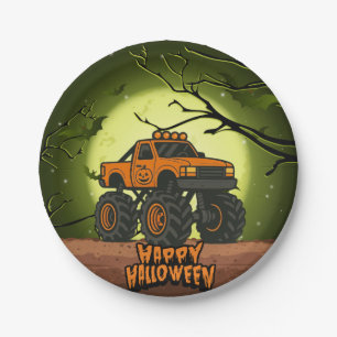 Happy Halloween Monster Truck with bats and moon Paper Plate
