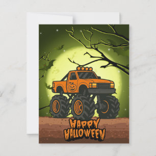 Happy Halloween Monster Truck with bats and moon Postcard