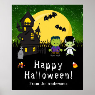 Happy Halloween Monsters Green Party Sign