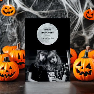 Happy Halloween Moon Bats Black & White Custom Holiday Card