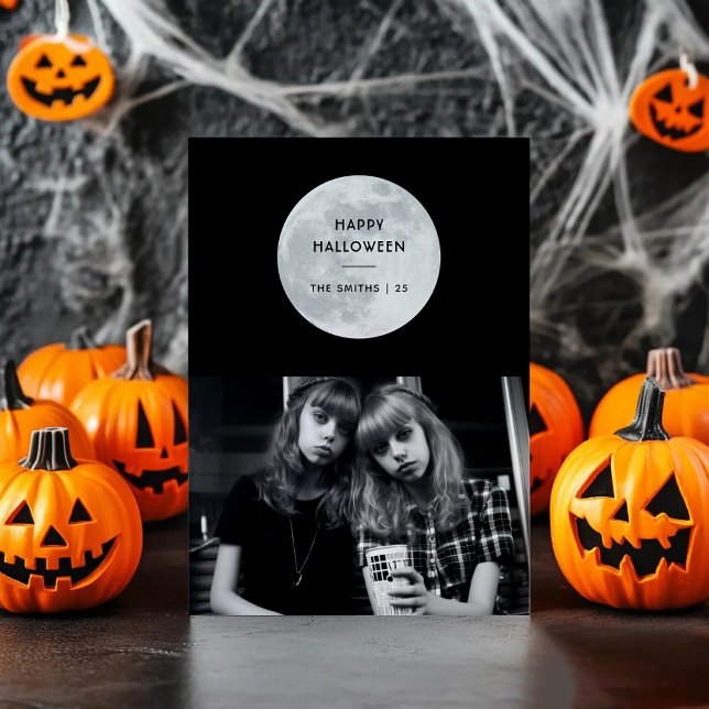 Happy Halloween Moon Bats Black & White Custom Holiday Card (Creator Uploaded)
