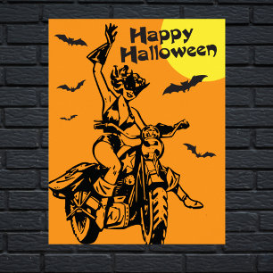 Happy Halloween motorcycle woman cat costume Poster