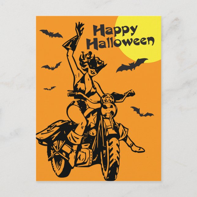 Happy Halloween motorcycle woman in cat costume Postcard (Front)