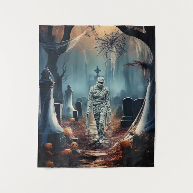 Happy Halloween Mummy In a Graveyard Tapestry (Front)