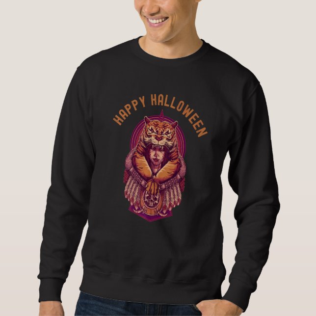 Happy Halloween Native American Wolf Witch Scary W Sweatshirt (Front)