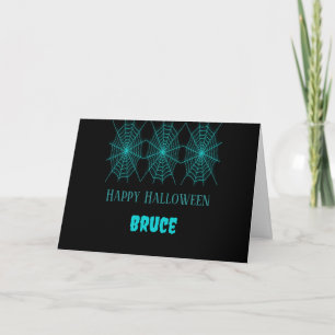 Happy Halloween neon blue spiderweb black Card