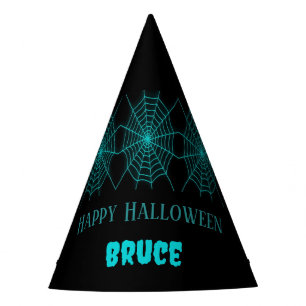 Happy Halloween neon blue spiderweb black Party Hat