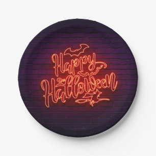 Happy Halloween Neon Look Witch Bat Brick Party 7" Paper Plate