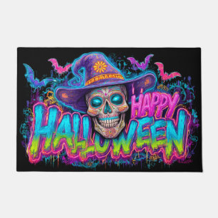 Happy Halloween Neon Sugar Skull with Sombrero Doormat