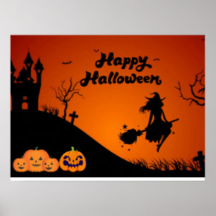 Happy Halloween Night - Spooky Witch, Pumpkins  Poster