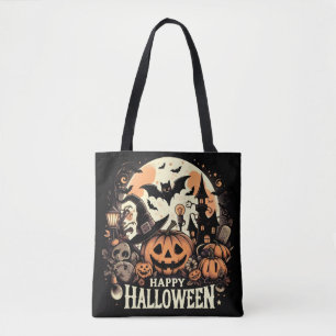 Happy Halloween Night with Pumpkin & Haunted House Tote Bag