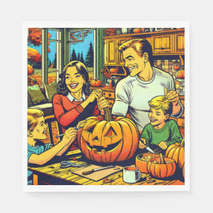 Happy Halloween Nostalgic Family Carving Pumpkins Napkin