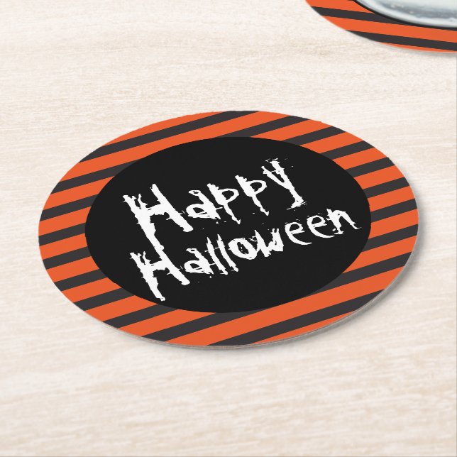 Happy Halloween Orange Black Striped Spooky Font Round Paper Coaster (Angled)