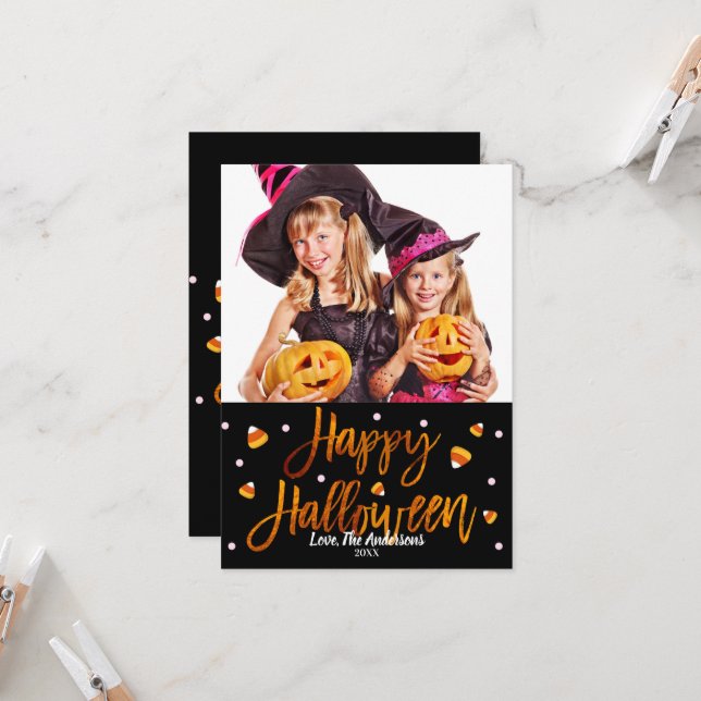 Happy Halloween Orange Foil Modern Script Photo Card (Front/Back In Situ)