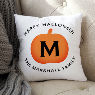 Happy Halloween Orange Pumpkin Custom Initial Cushion