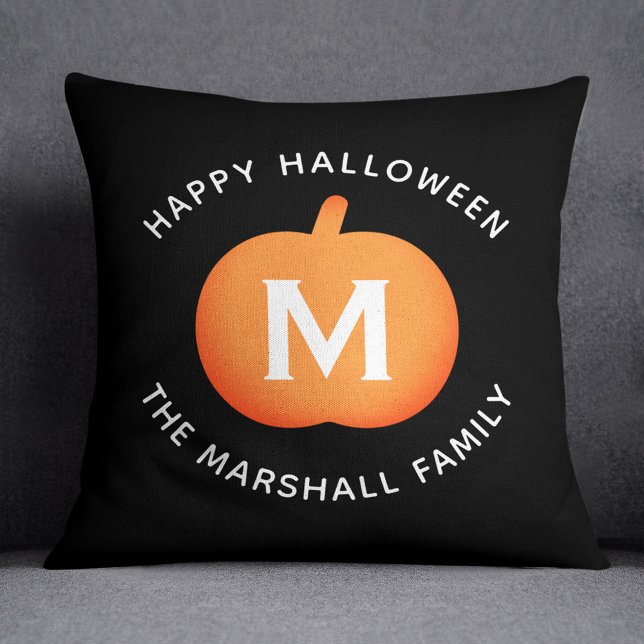 Happy Halloween Orange Pumpkin Family Monogram Cushion (Creator Uploaded)