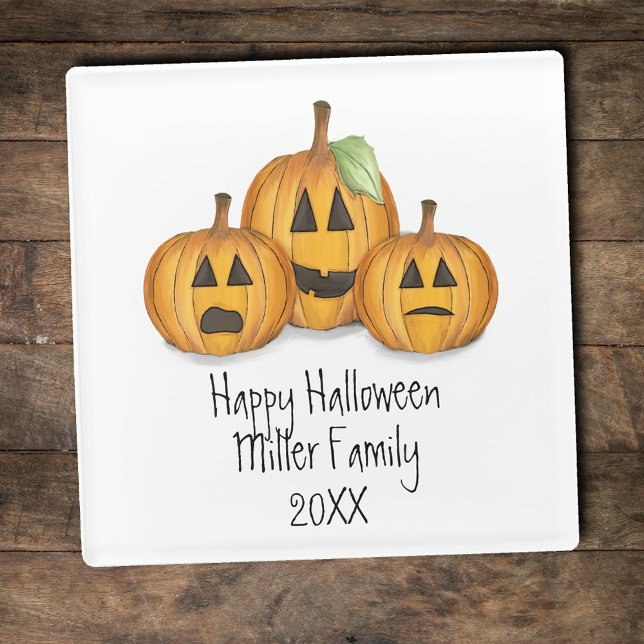 Happy Halloween Orange Pumpkins Custom Glass Coaster (Happy Halloween Custom Glass Coaster.)