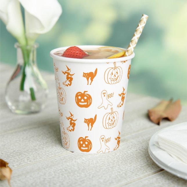 Happy Halloween orange white spooky pattern  Paper Cups (Insitu)