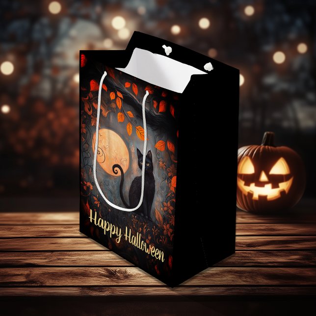 Happy Halloween Ornate Black Cat Full Moon Autumn Medium Gift Bag (Happy Halloween Ornate Black Cat Full Moon Autumn Medium Gift Bag)