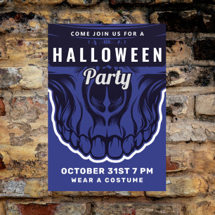 Happy Halloween Party Invitation Blue Skeleton Postcard
