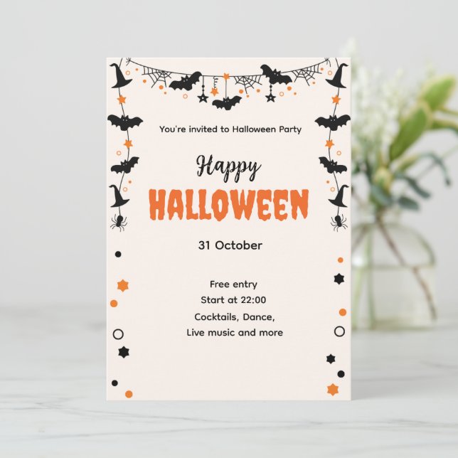Happy Halloween Party Invitation with Bats, Stars  (Standing Front)