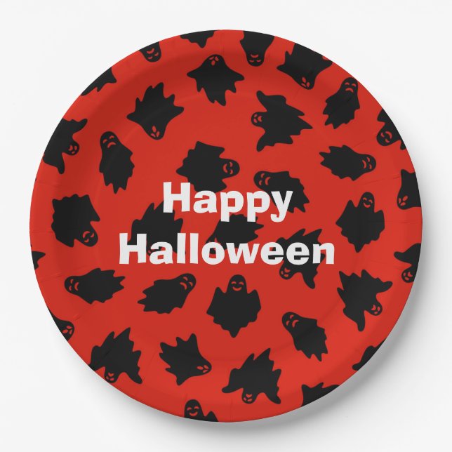 Happy Halloween Party Red Ghost Paper Plate (Front)