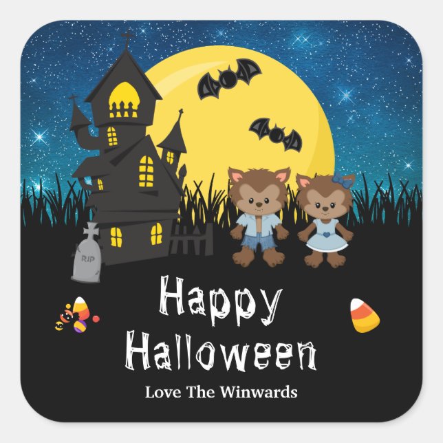 Happy Halloween Party Werewolf Blue Square Sticker (Front)