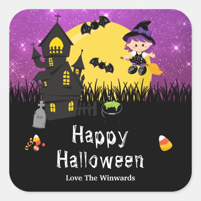 Happy Halloween Party Witch Purple Square Sticker (Front)