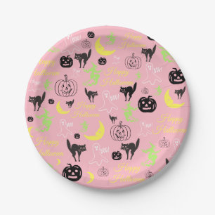 Happy Halloween Pattern Pink Paper Plate