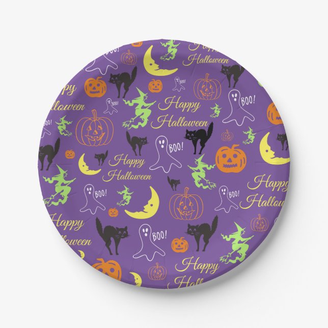 Happy Halloween Pattern Purple Paper Plate (Front)