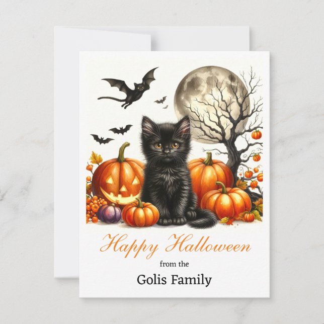 Happy Halloween Personalised Cat Pumpkin  Card (Front)