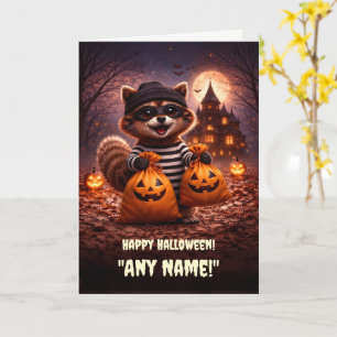Happy Halloween Personalised Name Cute Racoon Card