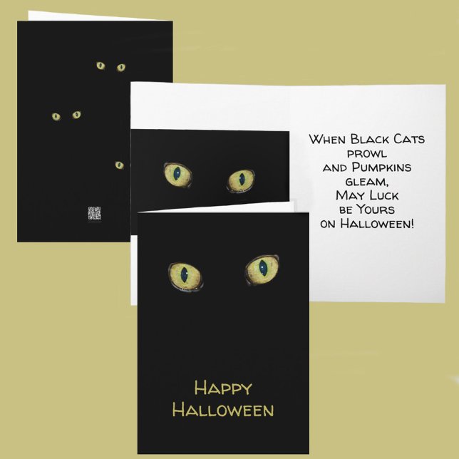 Happy Halloween Photographic Yellow Cat Eyes Black Card (Creator Uploaded)