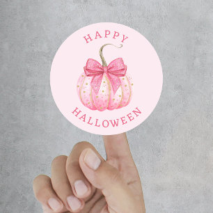 Happy Halloween Pink Coquette Bow Pumpkin Classic Round Sticker