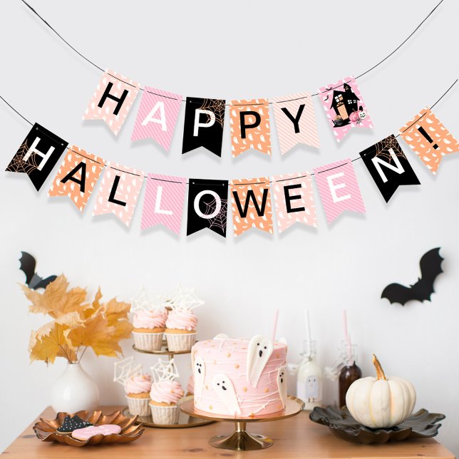 Happy Halloween Pink Orange Black Haunted House Bunting (Happy Halloween Pink Orange Black Haunted House Bunting Flags)