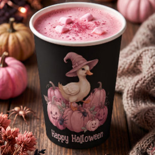 Happy Halloween Pink Witch Duck & Pink Pumpkins Paper Cups