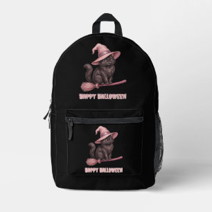 Happy Halloween Pinkoween Vintage Black Witch Cat Printed Backpack