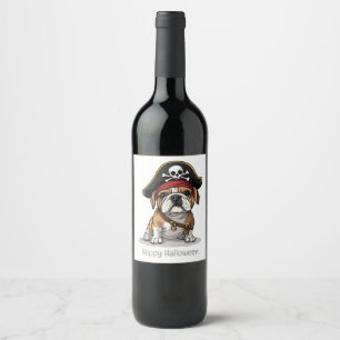 Happy Halloween Pirate English Bulldog Wine Label