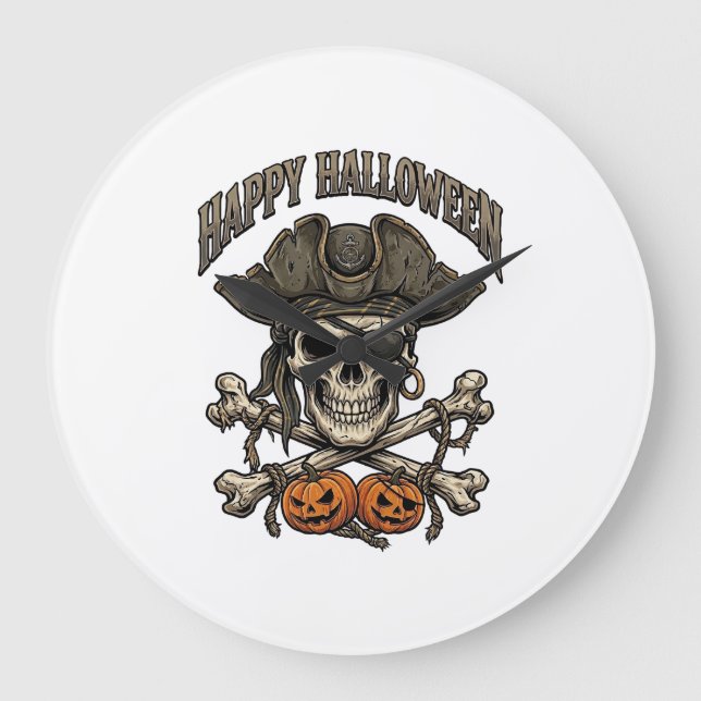 Happy Halloween Pirate Skull Crossbones Pumpkins_1 Large Clock (Front)