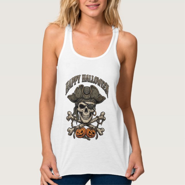 Happy Halloween Pirate Skull Crossbones Pumpkins_1 Singlet (Front)